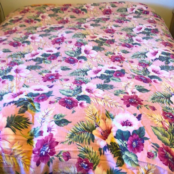 Charter Club Bedding | Vintage 90s Pink Cotton Barkcloth Duvet Cover Tropical Floral Print Set Full | Color: Green/Pink | Size: Full | Misszara's